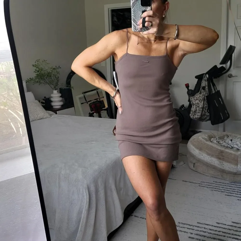 NWT NIKE women's mini-rib stretch tank dress in taupe brown, size small.